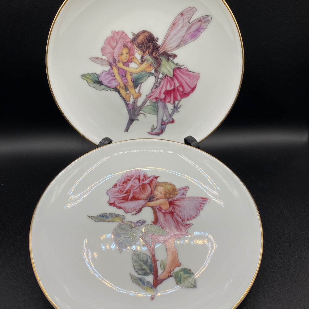 ReutterFlower Fairies side plates x2 white porcelain, gold rims. Germany 2006